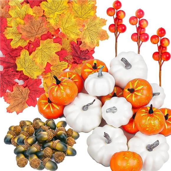 151 Pcs Artificial Pumpkin, Fake Gourds Pumpkin Autumn Maple Leaves Thanksgiving - Picture 1 of 6